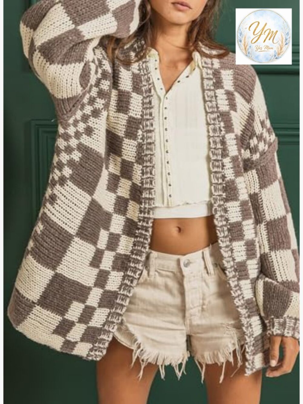 Vintage Open Front Chunky Knit Plaid Long Sleeve Cardigan - Picture 3 of 7
